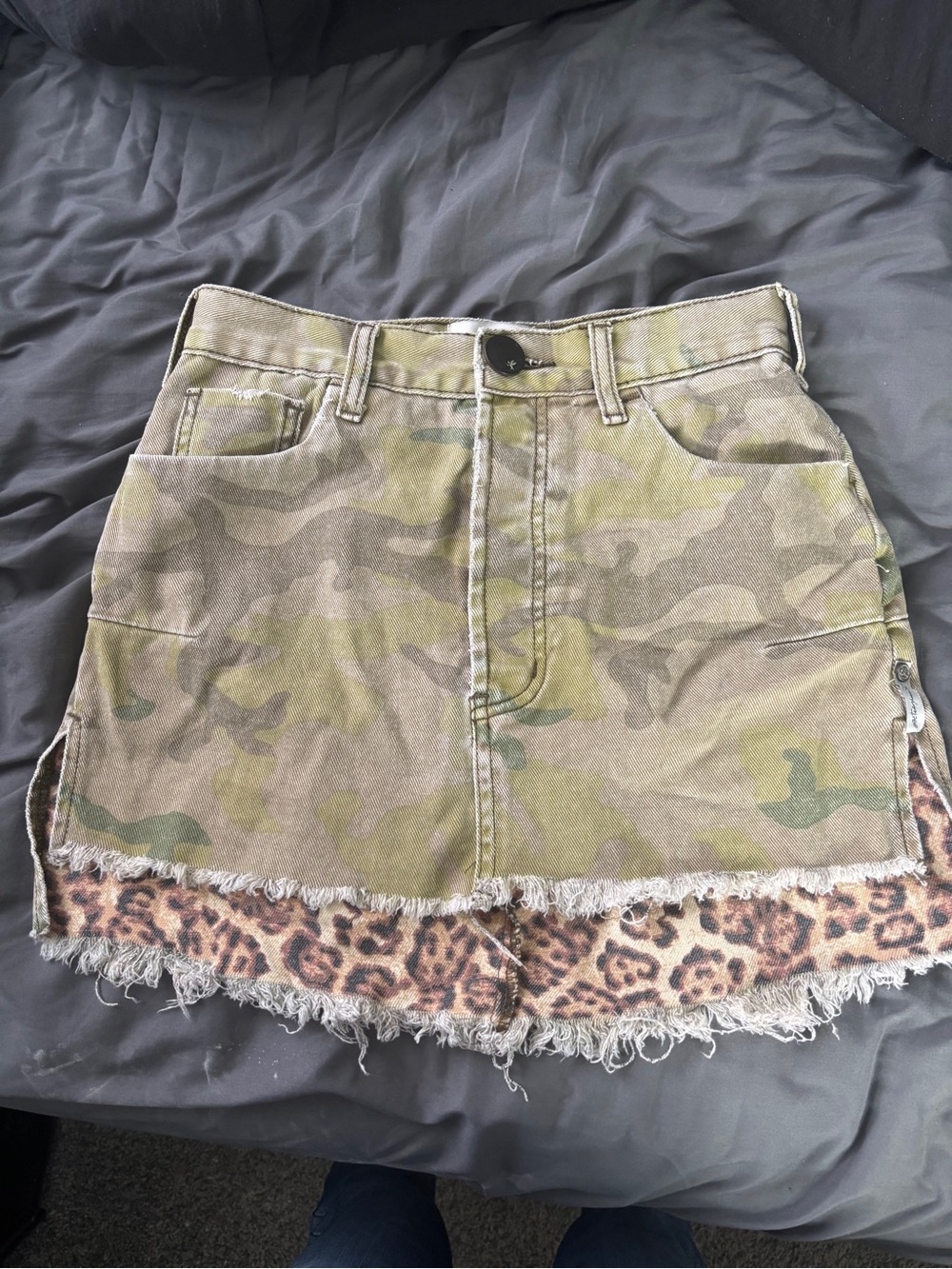 One Teaspoon Camo Mini Skirt with Leopard Trim